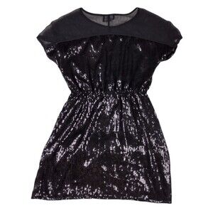 Angie Sequins Mini Evening Dress Small Black Cocktail Sheer Shoulder Cap Sleeve